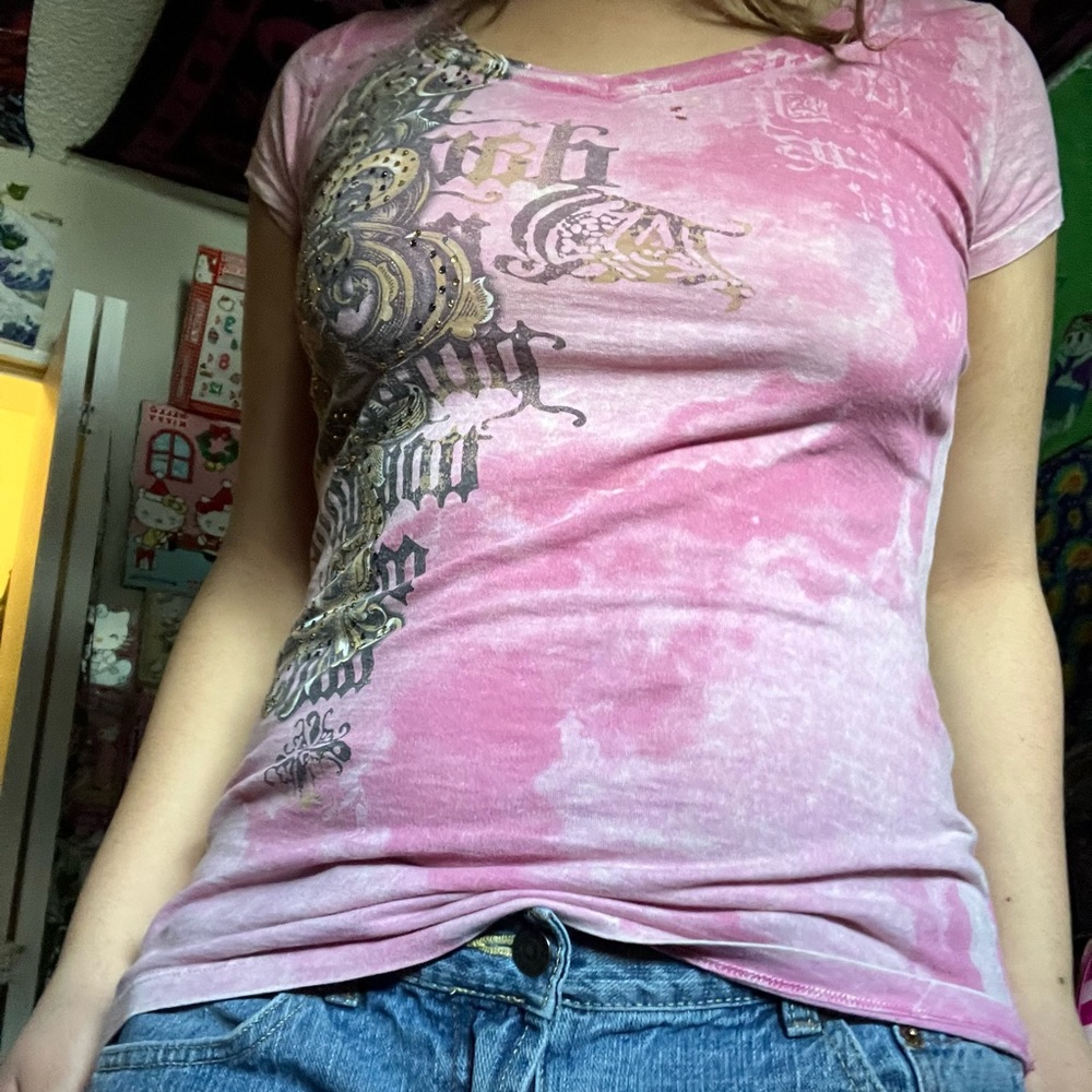 Pink Y2k short sleeve shirt/ gold/sliver diamonds white lettering